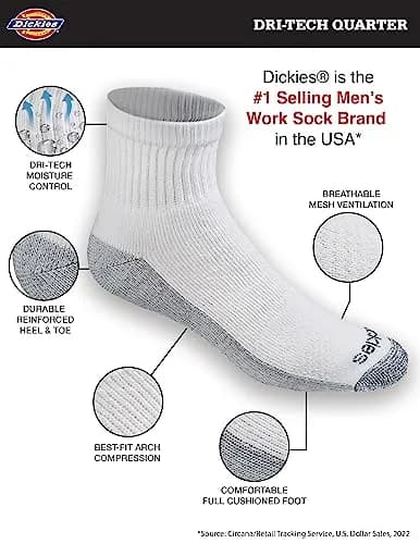 Dickies Dri-Tech Moisture Control Quarter Socks Large | Moisture-Wicking, Full Cushion Comfort thumbnail 4