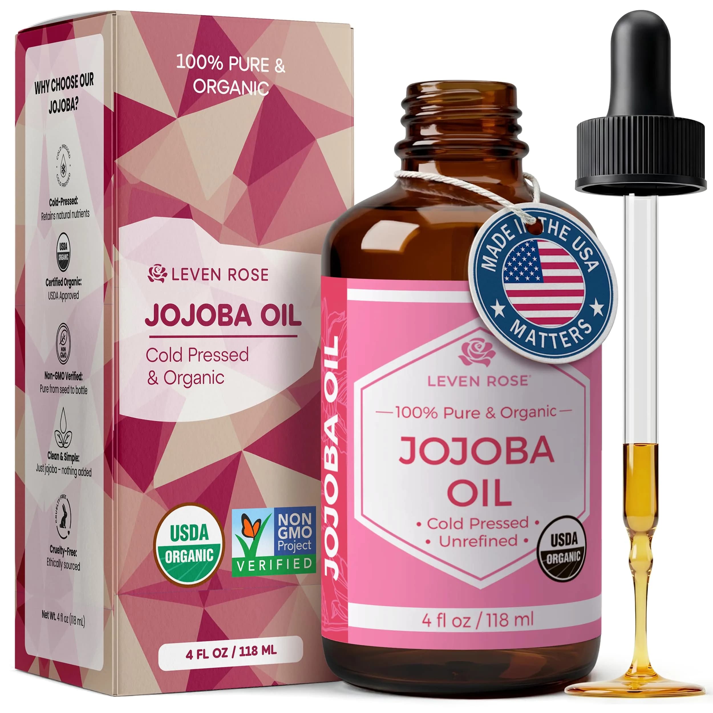 Leven Rose Organic Jojoba Oil for Skin, Hair & Nails 118ml (4 Fl Oz) | USDA Certified Organic Cold-Pressed Carrier Oil — 4 Fl Oz