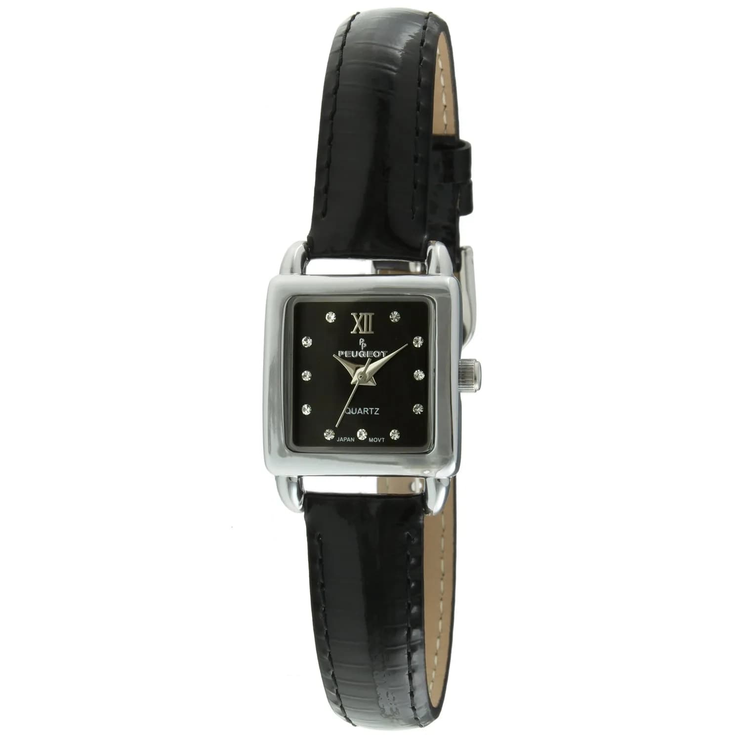 Peugeot Ladies Mini Square Gold Tone Crystal Accented Brown Leather Strap Watch 20mm | Japanese Quartz Movement - main product image
