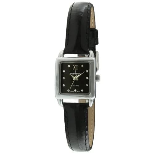 Peugeot Ladies Mini Square Gold Tone Crystal Accented Brown Leather Strap Watch 20mm | Japanese Quartz Movement thumbnail 1