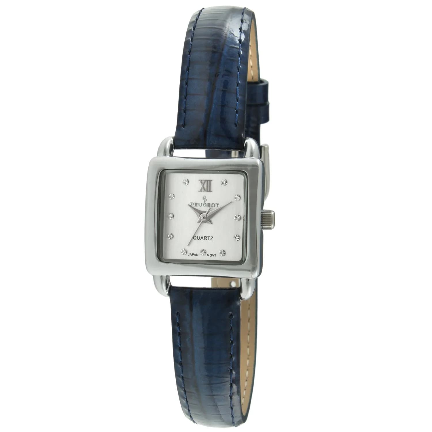 Peugeot Ladies Mini Square Gold Tone Crystal Accented Brown Leather Strap Watch 20mm | Japanese Quartz Movement — Blue. Silve