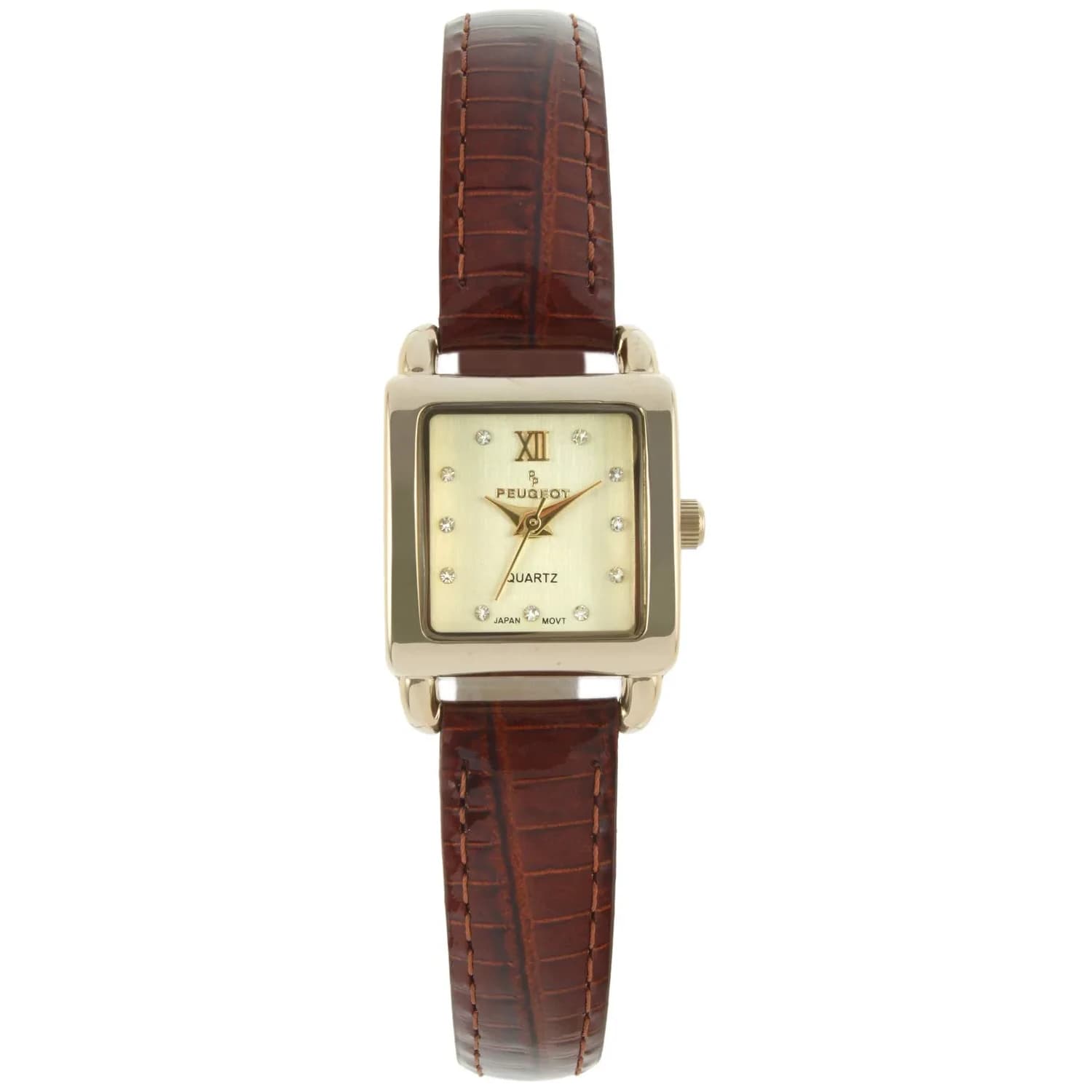 Peugeot Ladies Mini Square Gold Tone Crystal Accented Brown Leather Strap Watch 20mm | Japanese Quartz Movement — Brown