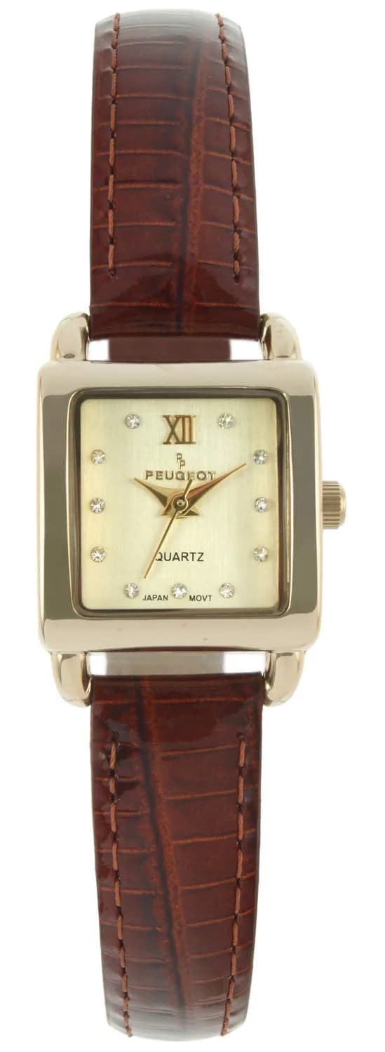 Peugeot Ladies Mini Square Gold Tone Crystal Accented Brown Leather Strap Watch 20mm | Japanese Quartz Movement — Brown