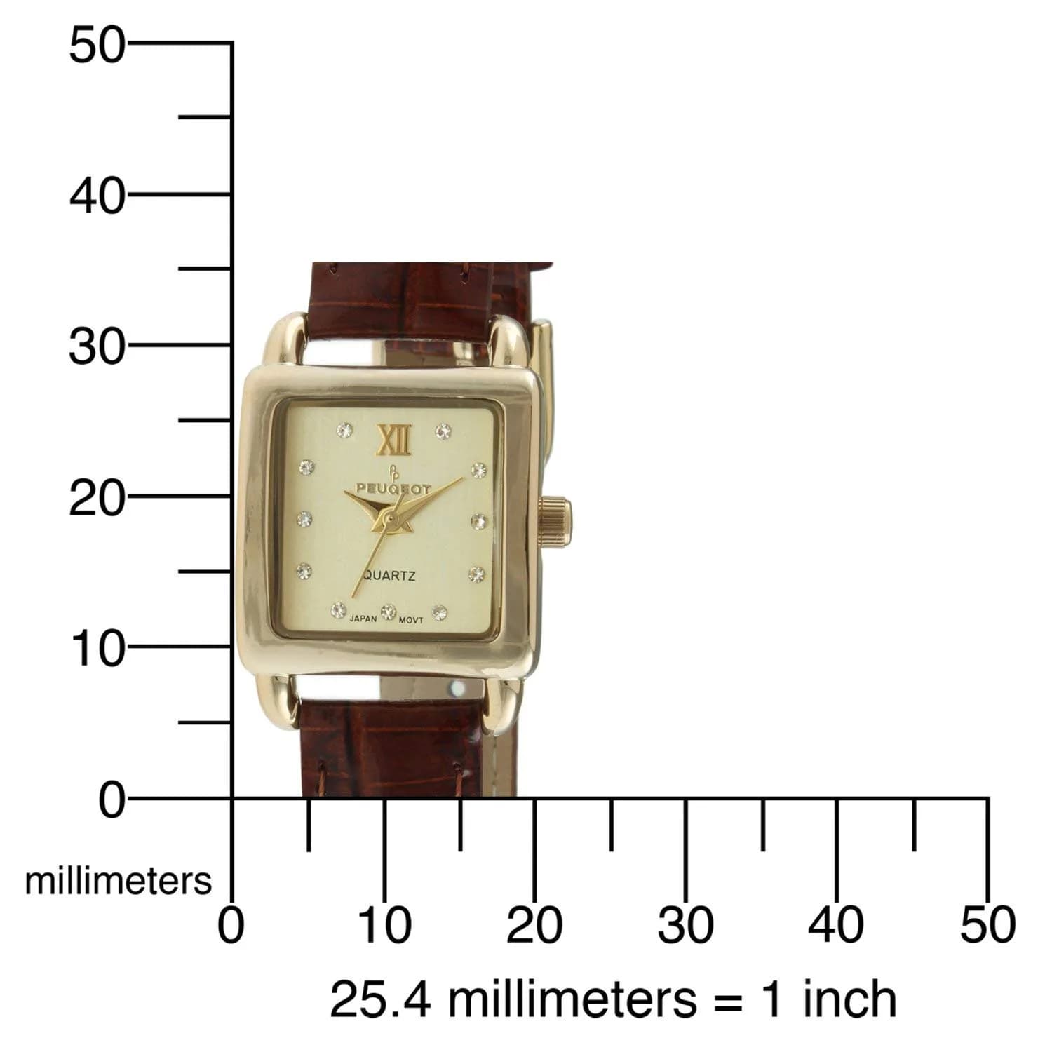 Peugeot Mini Square Gold Tone Crystal Accented Brown Leather Strap Watch 20mm (0.79 inch) | Elegant Analog Watch for Women - view 5