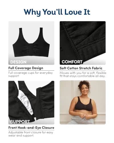 Fruit of the Loom Women's Front-Close Cotton Sports Bra Multi-Pack (2-Pack, Size 42) | Easy On & Off Wireless Comfort thumbnail 5