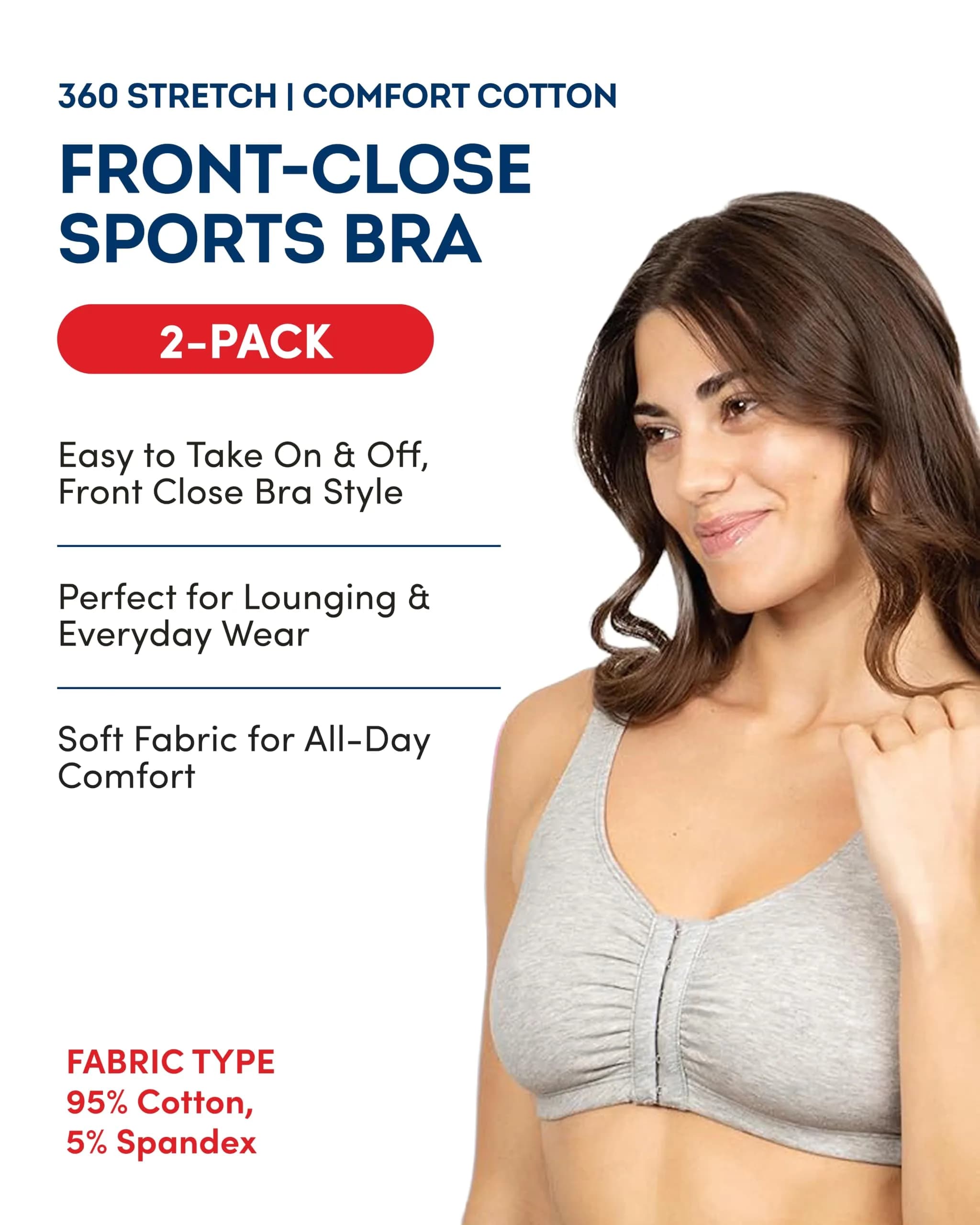 Fruit of the Loom Women's Front-Close Cotton Sports Bra Multi-Pack (2-Pack, Size 42) | Easy On & Off Wireless Comfort - view 3