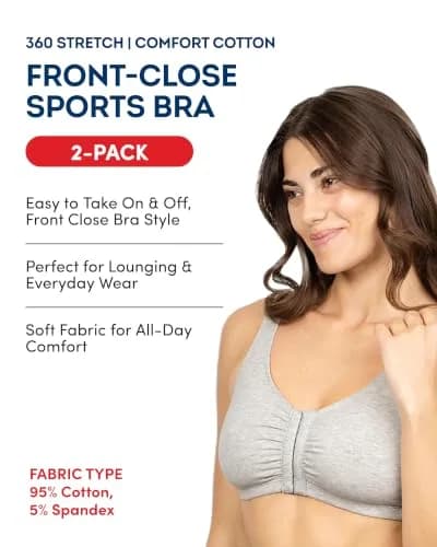 Fruit of the Loom Women's Front-Close Cotton Sports Bra Multi-Pack (2-Pack, Size 42) | Easy On & Off Wireless Comfort thumbnail 3