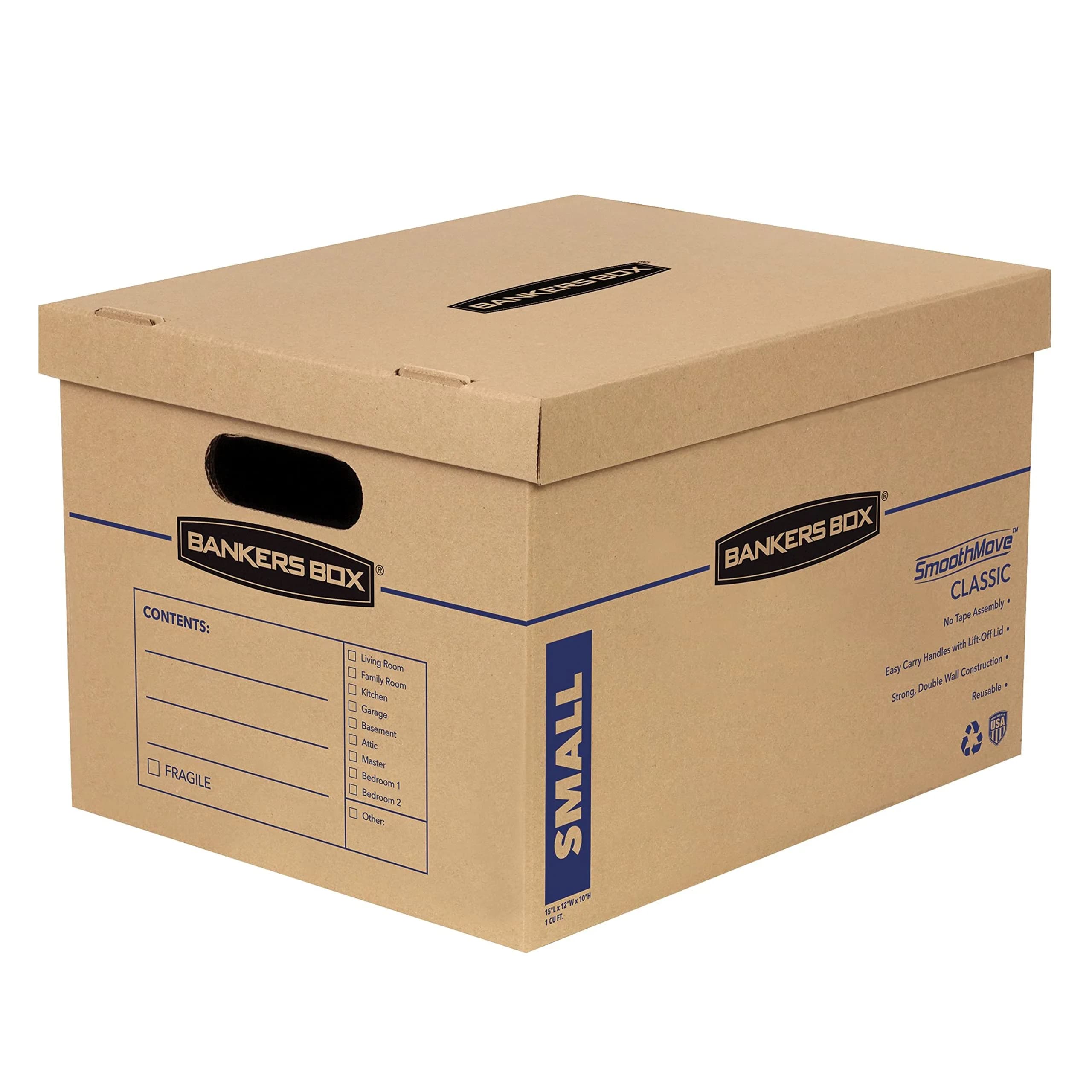 Bankers Box 10-Pack Small Classic Moving Boxes with Reinforced Handles | Tape-Free, Durable, Recyclable