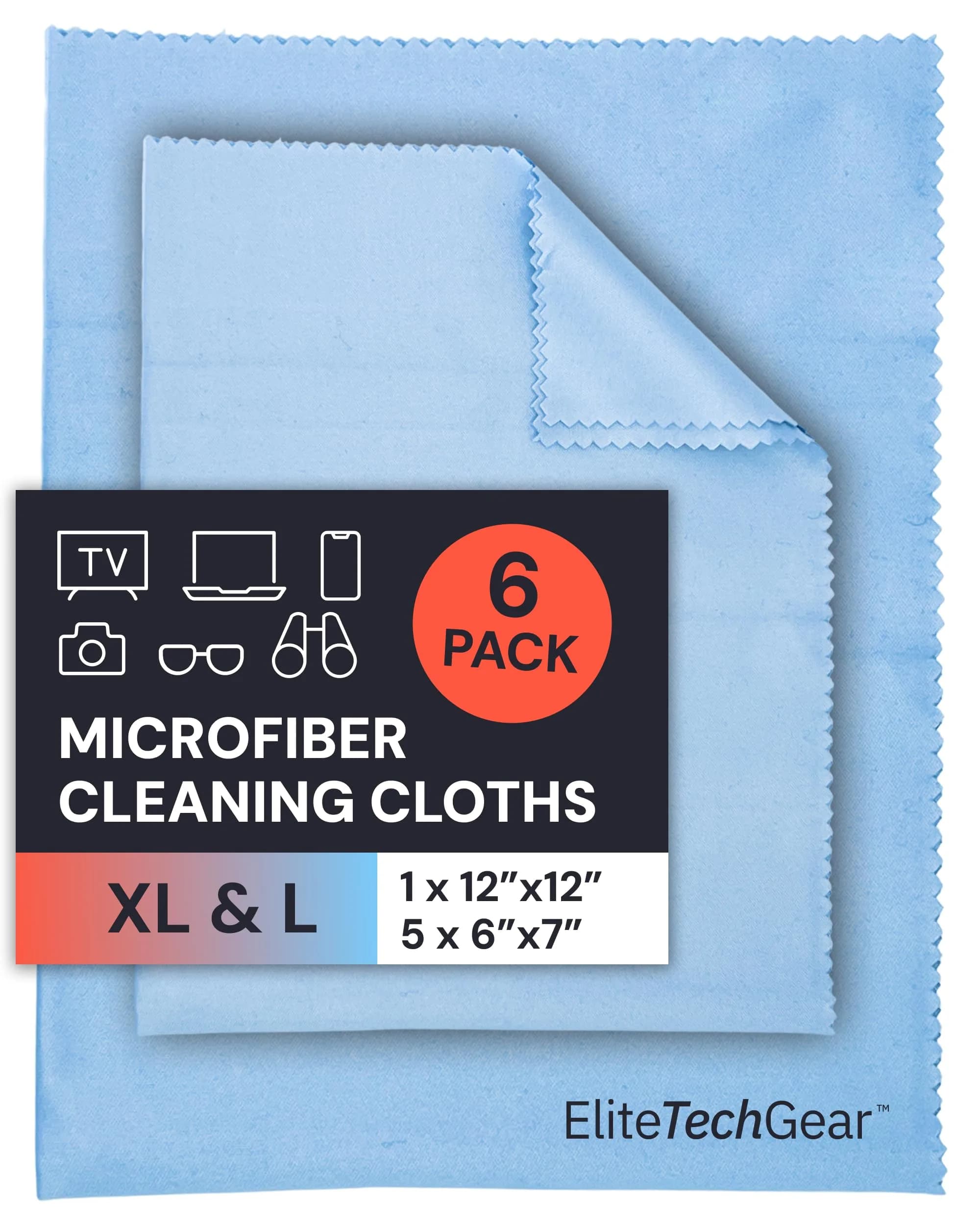 Elite Tech Gear Microfiber Eyeglass Cleaning Cloth, Blue, 6x7 & 12x12, Pack of 6 | Streak-Free, Safe for Coated Lenses