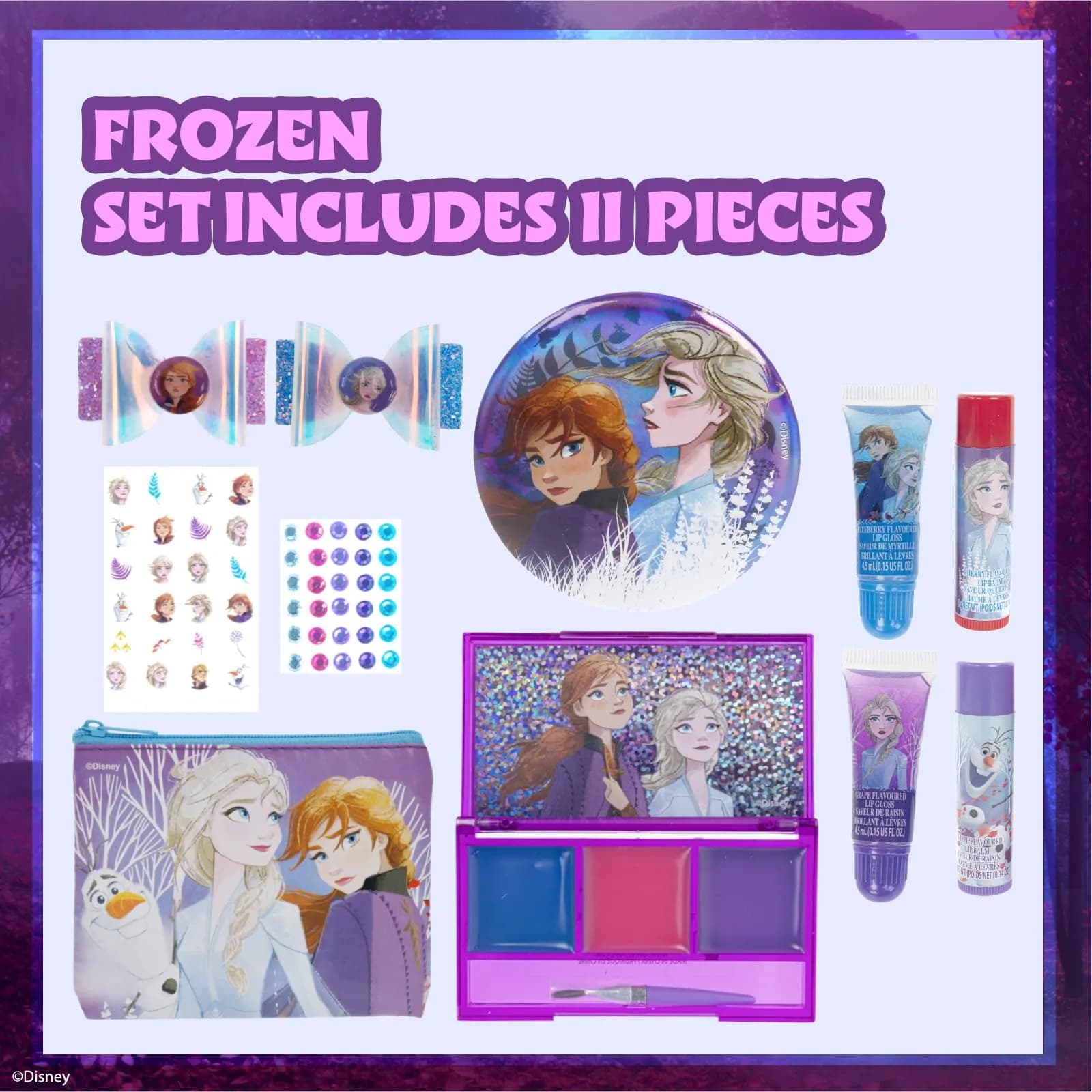 Townley Girl Disney Frozen Makeup Set with Purse, Lip Gloss & Hair Accessories, Ages 3+ | 29-Piece Sparkly Beauty Kit - view 2