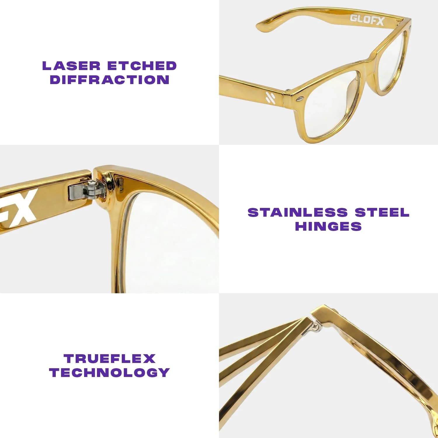 GloFX Ultimate Diffraction Glasses - Gold - 3D Prism Rainbow Effect - Great Edm, Festival, Concert, Fireworks, Christmas Lights, and Rave Accessory - Gold Frames thumbnail 4