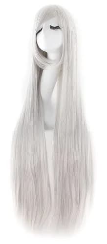 MapofBeauty Anime Long Straight Wig with Oblique Bangs, 100cm (39 Inch) Silver Gray | Heat Resistant Synthetic Fiber thumbnail 1