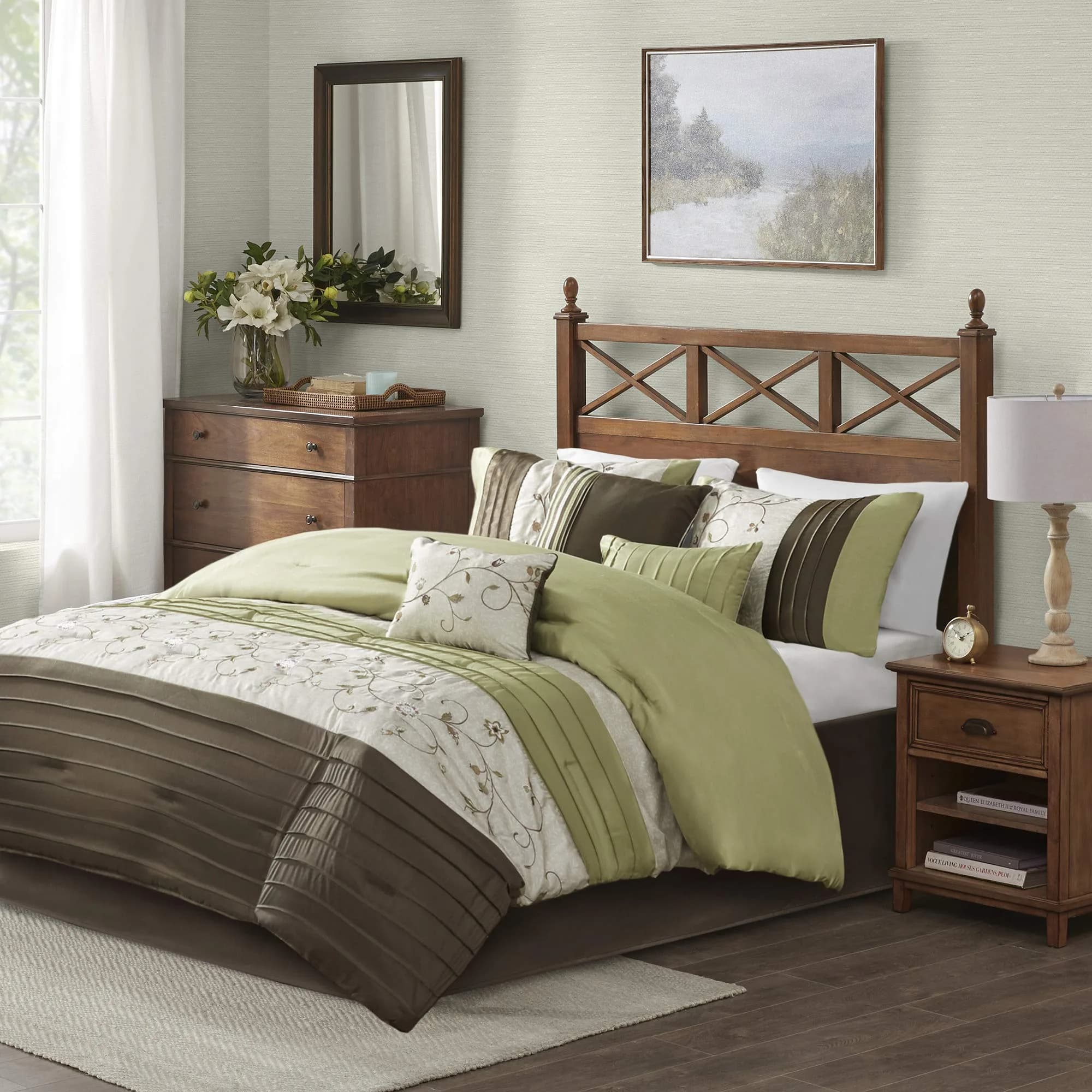 Madison Park Comforter Set King | Floral Faux Silk Embroidered 7PC | All Season