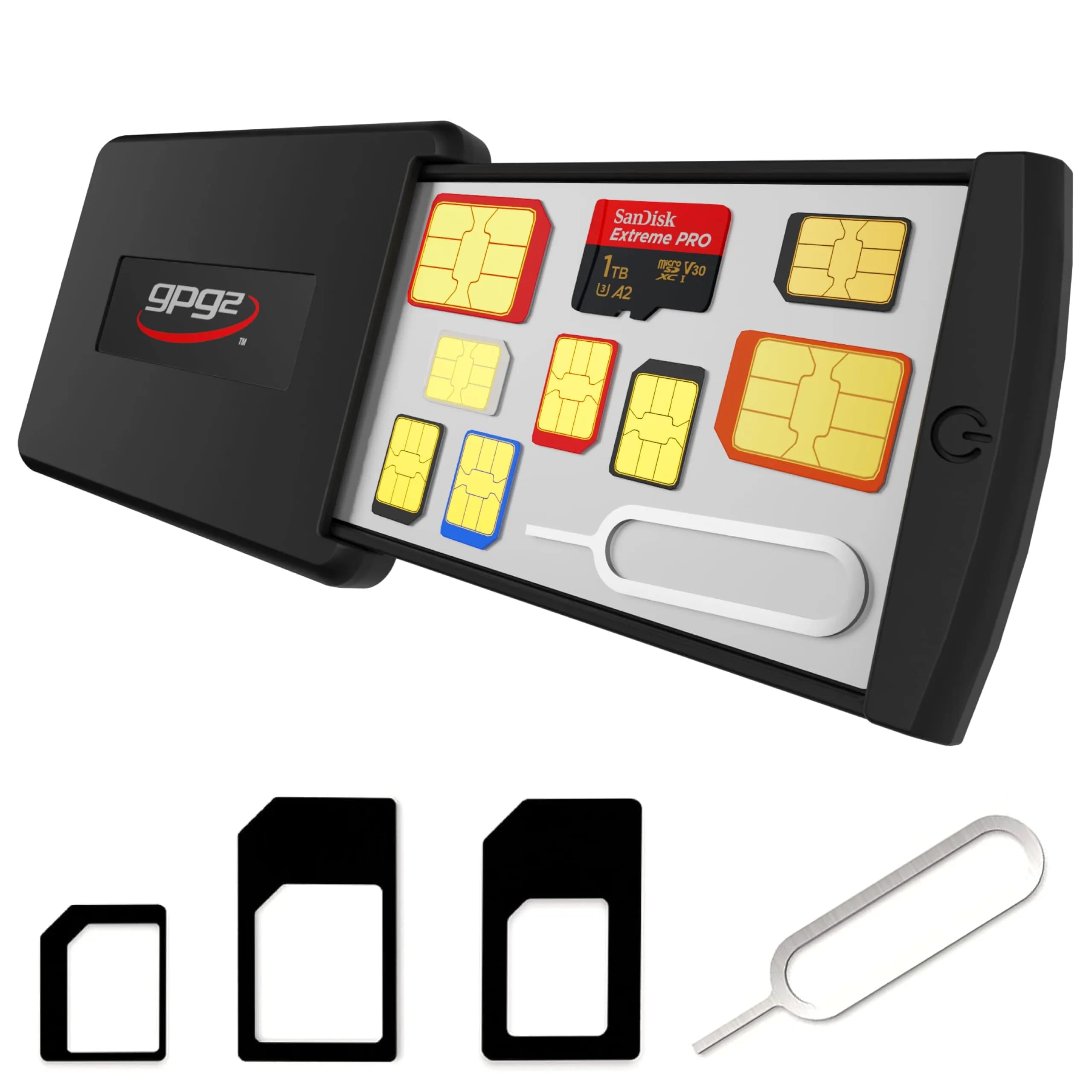 GPG2 SIM Card & Micro SD Organizer Case 3.2" x 2" | Secure Travel Storage (120 chars) — Black