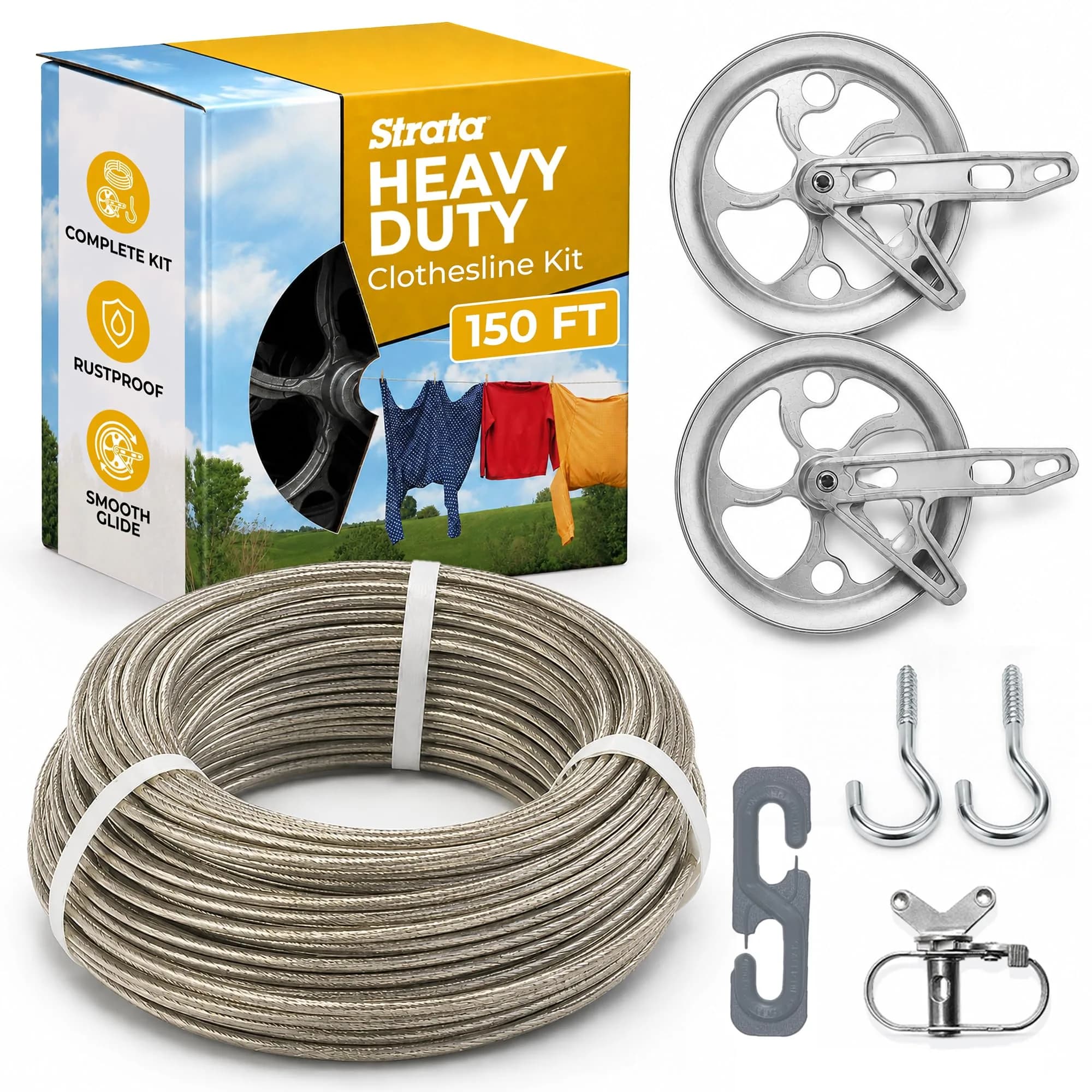 Strata Heavy-Duty Clothesline Kit, 150 ft Steel Cable | Outdoor Laundry Solution for India