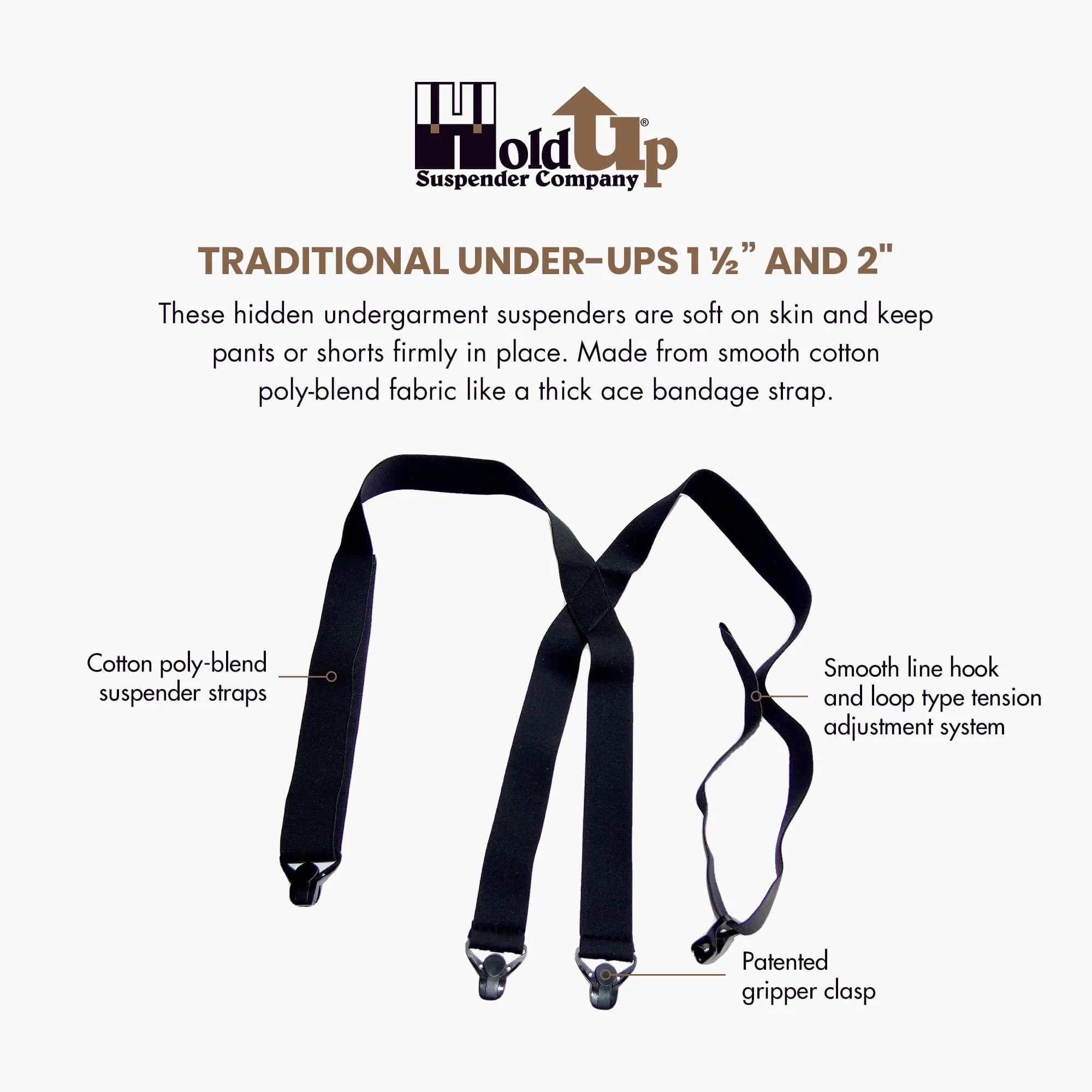 Hold-Up Tan 2-Inch X-Back Under-Ups Suspenders with Gripper Clasps thumbnail 2
