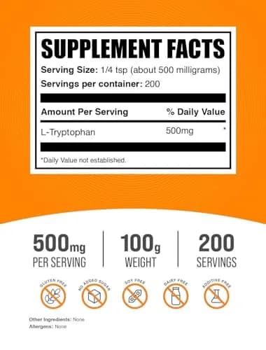 BulkSupplements L-Tryptophan Powder 500mg | Gluten Free, 100g | Supports Sleep & Mood thumbnail 2