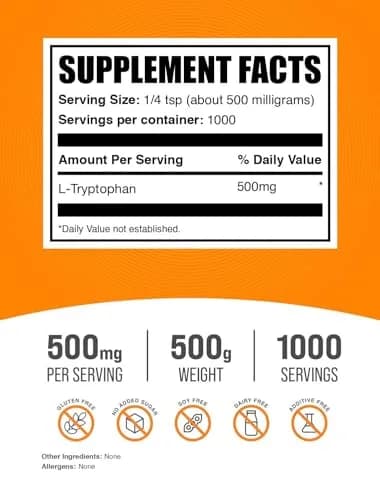 BulkSupplements L-Tryptophan Powder 500mg | Gluten Free, 500g (1.1 lbs) | Supports Sleep & Mood thumbnail 2