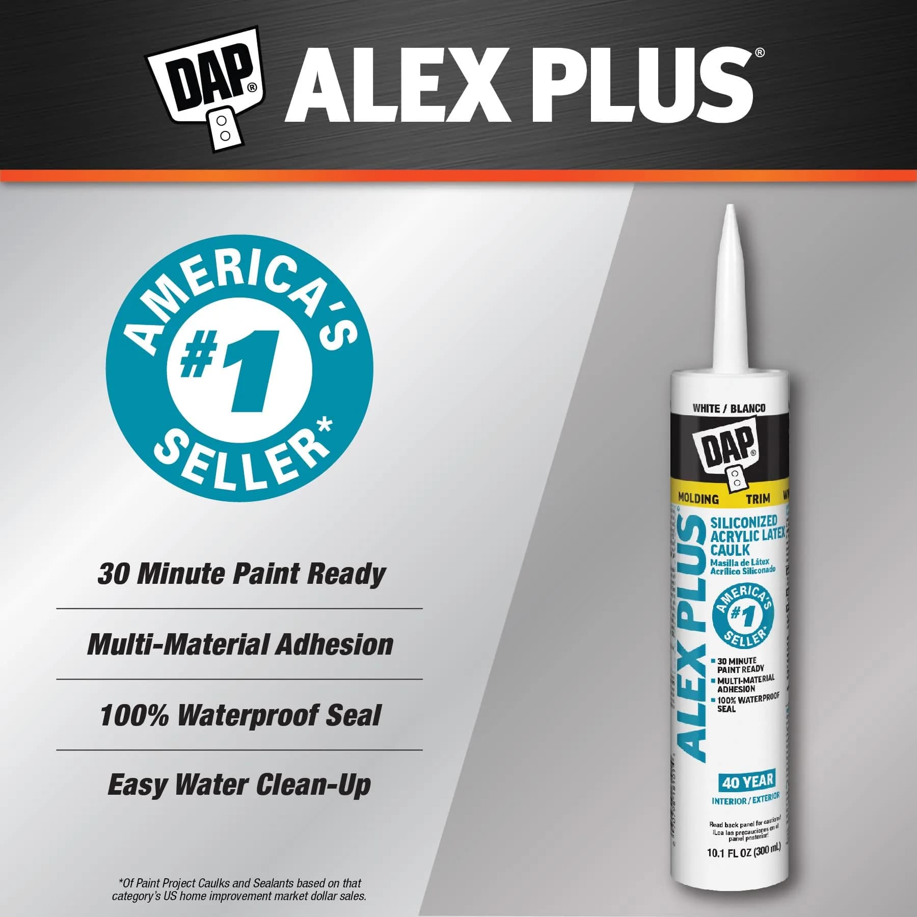 DAP Alex Plus Acrylic Latex Caulk with Silicone 298 ml (10.1 fl oz) | Crack-Proof Seal for Trim, Doors, Windows - view 2