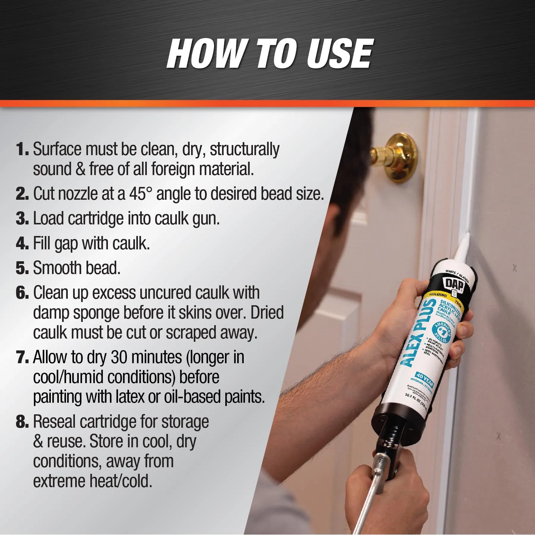 DAP Alex Plus Acrylic Latex Caulk with Silicone 298 ml (10.1 fl oz) | Crack-Proof Seal for Trim, Doors, Windows - view 3
