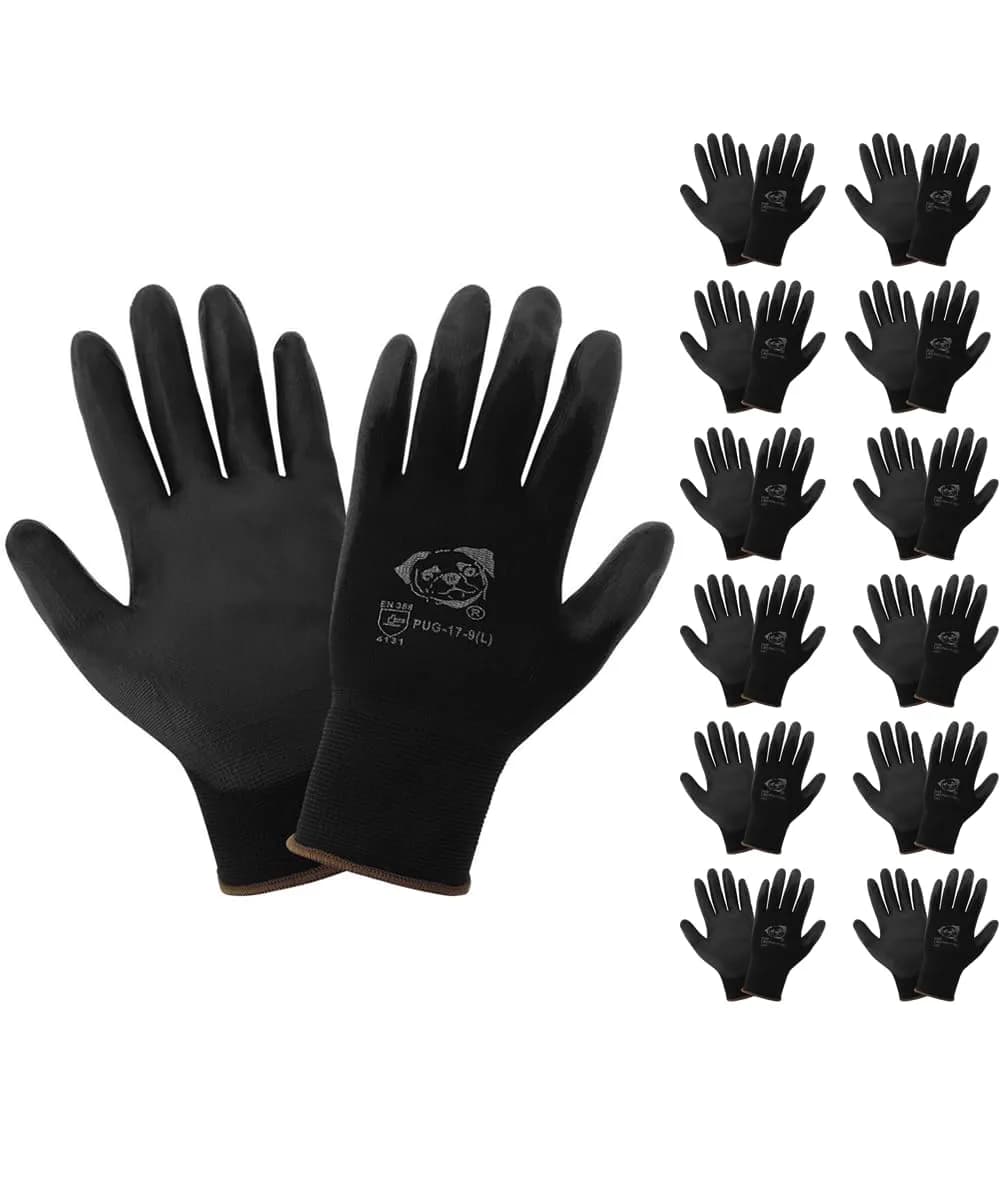 Global Glove PUG-17 Lightweight Polyurethane Dipped Work Gloves, Extra-Large | Anti-Static & Secure Grip — Black