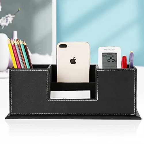 KINGFOM Double Holder Leather Desk Organizer 29.5cm (11.6in) | Organizes Pens, Phones, and Office Supplies thumbnail 7