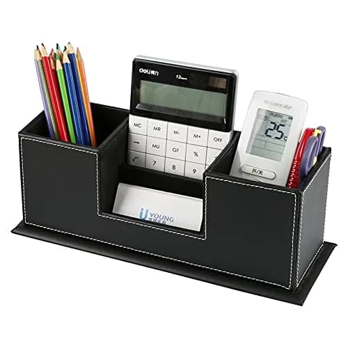 KINGFOM Double Holder Leather Desk Organizer 29.5cm (11.6in) | Organizes Pens, Phones, and Office Supplies thumbnail 2