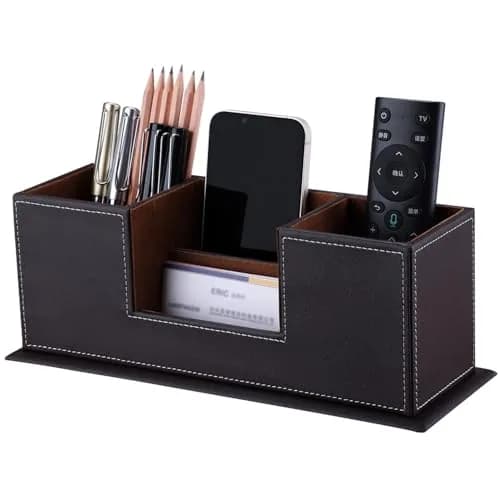 KINGFOM Double Holder Wood Leather Desk Organizer 29.5cm (11.6in) | 4 Compartments for Pens, Phones, Remotes thumbnail 1