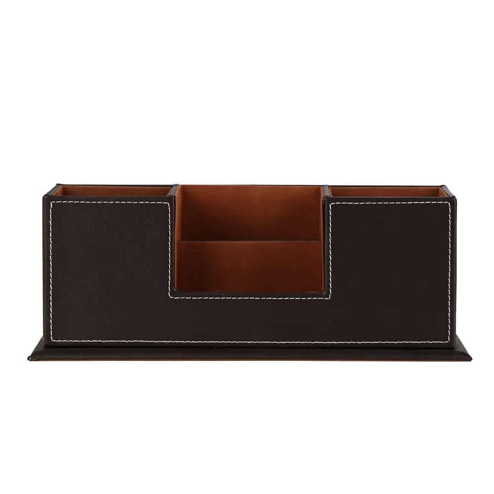 KINGFOM Double Holder Wood Leather Desk Organizer 29.5cm (11.6in) | 4 Compartments for Pens, Phones, Remotes - view 4