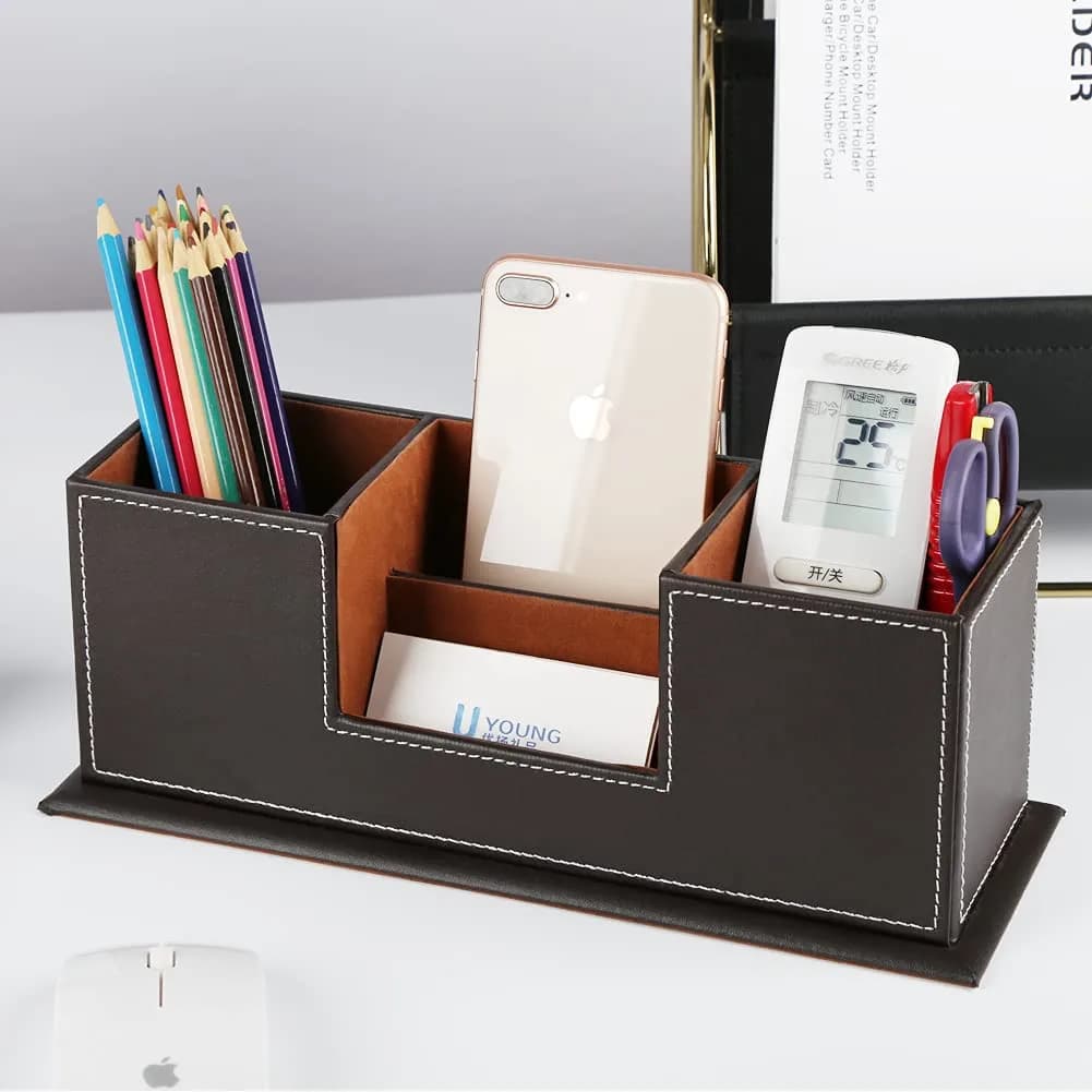 KINGFOM Double Holder Wood Leather Desk Organizer 29.5cm (11.6in) | 4 Compartments for Pens, Phones, Remotes - view 5