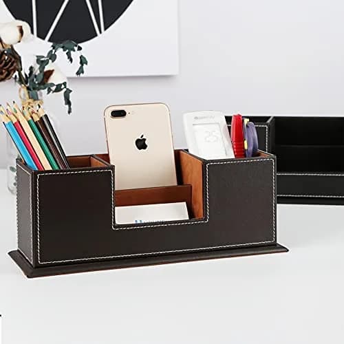 KINGFOM Double Holder Wood Leather Desk Organizer 29.5cm (11.6in) | 4 Compartments for Pens, Phones, Remotes thumbnail 7