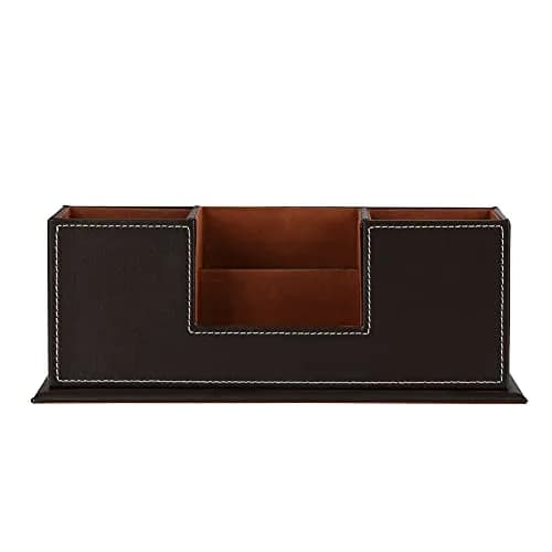 KINGFOM Double Holder Wood Leather Desk Organizer 29.5cm (11.6in) | 4 Compartments for Pens, Phones, Remotes thumbnail 4