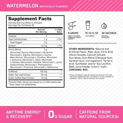Optimum Nutrition Amino Energy Pre Workout Watermelon 20.6 oz (584 g) | Keto Friendly Energy & Focus thumbnail 3