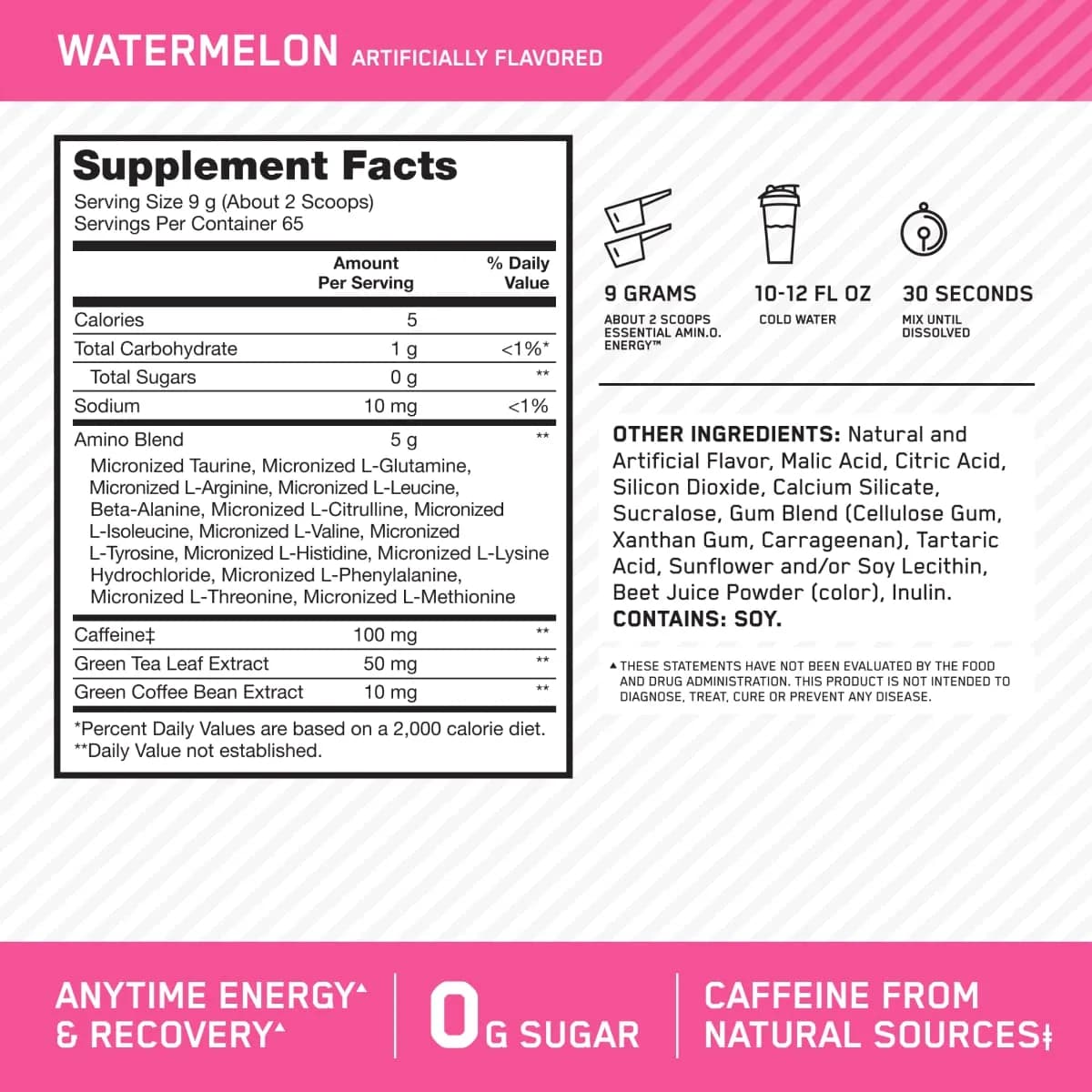 Optimum Nutrition Essential AmiN.O. Energy Watermelon Flavor Pre Workout Powder, 65 Servings | Supports Recovery & Energy - view 3