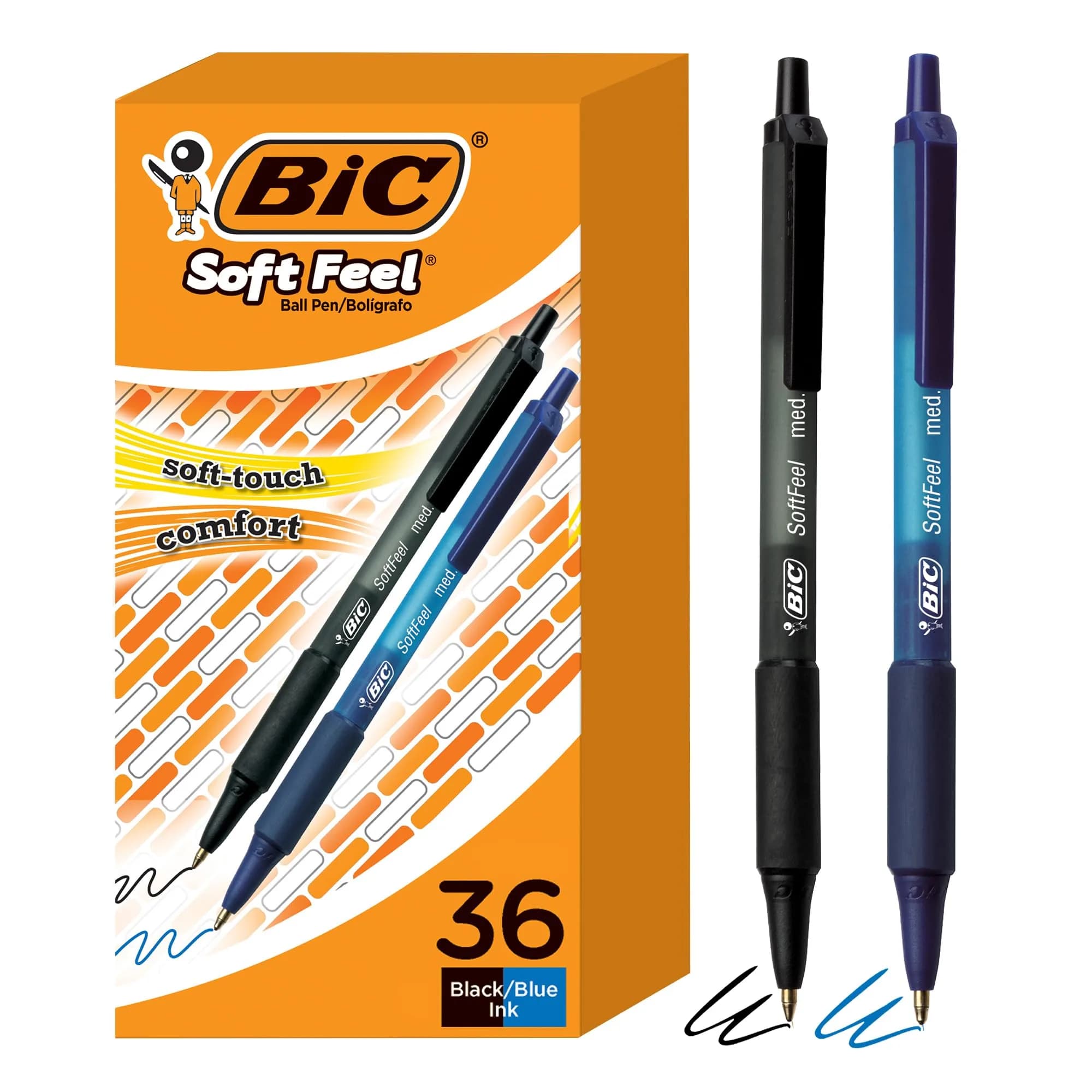BIC Soft Feel Black Retractable Ballpoint Pens 1mm (36-Count Pack) | Smooth Ink Flow for Everyday Writing — Bulk Pack, Black and Blue Ink / Medium