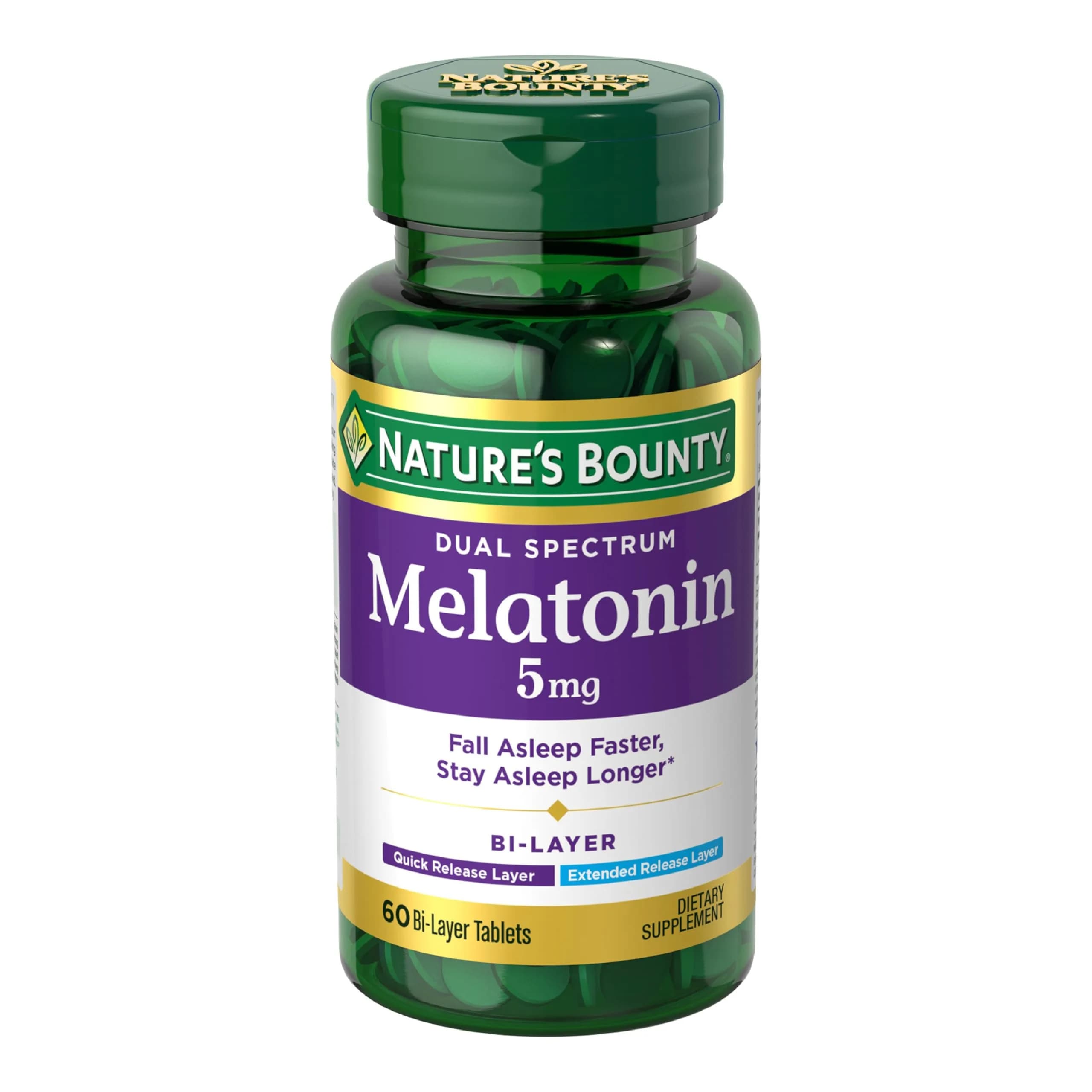Nature's Bounty Melatonin 5mg Dual Spectrum Bi-Layer Tablets 60 Count (1.7 oz) | Drug-Free Sleep Aid for Occasional Sleeplessness — Tablet
