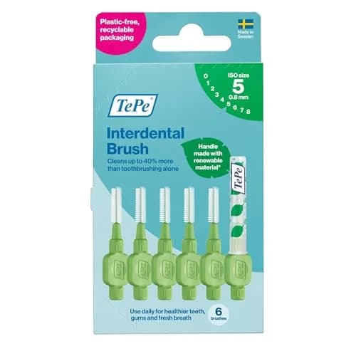 TePe Interdental Brush Original Green 0.8mm (6 Count) | Soft Dental Brush for Large Gaps - main product image
