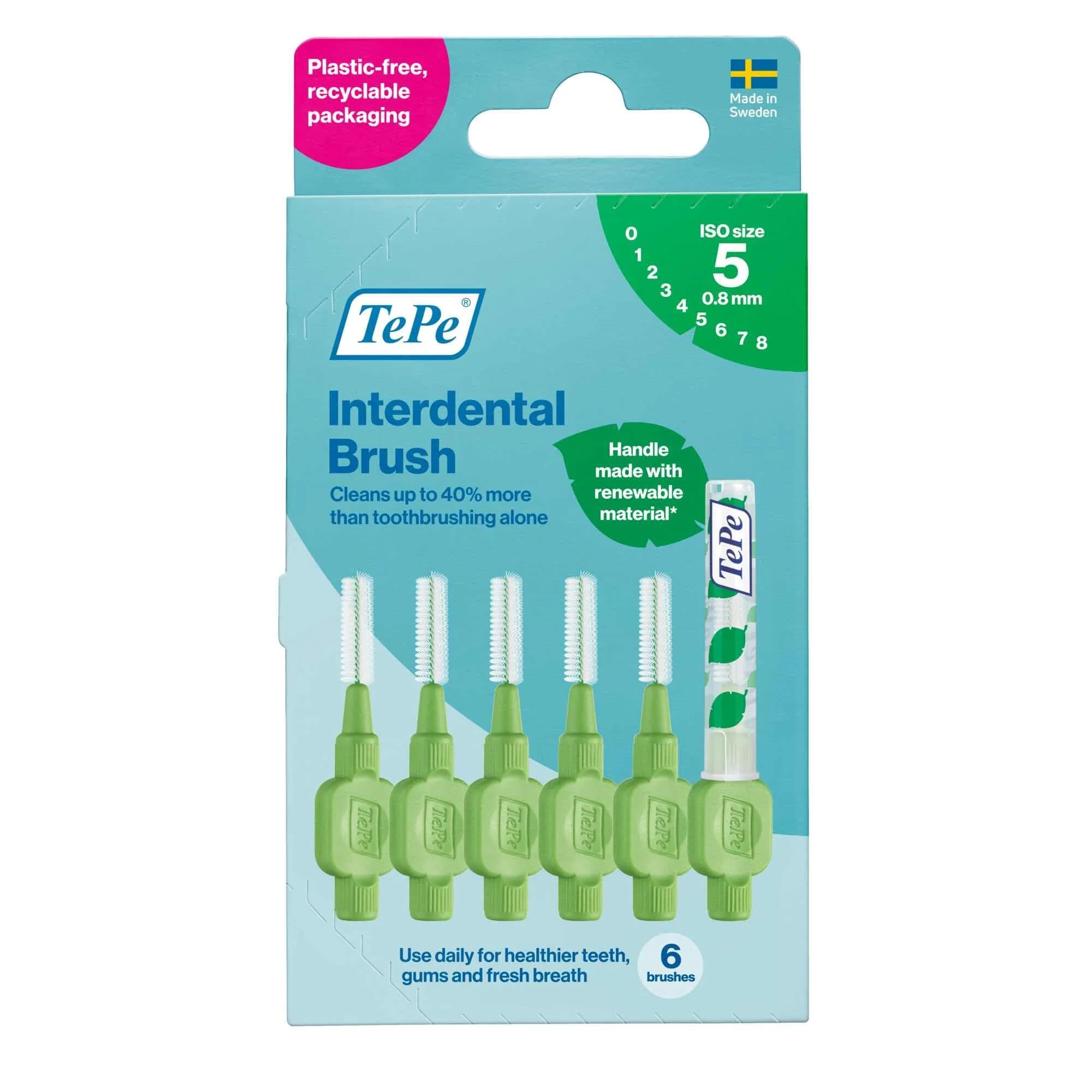 TePe Interdental Brush Original Gray 1.3mm (6 Count) | Soft Dental Brush for Extra-Large Gaps — Green / 0.8mm