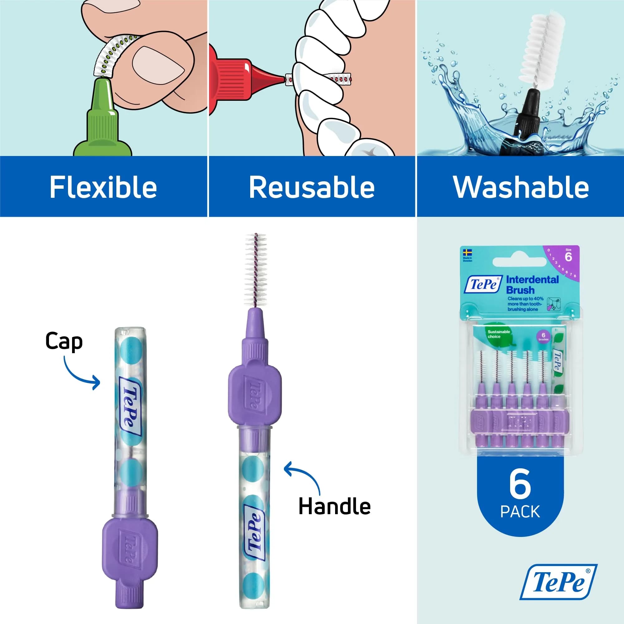 TePe Interdental Brush Original Purple 1.1mm (6 Count) | Soft Dental Brush for Large Gaps - view 5