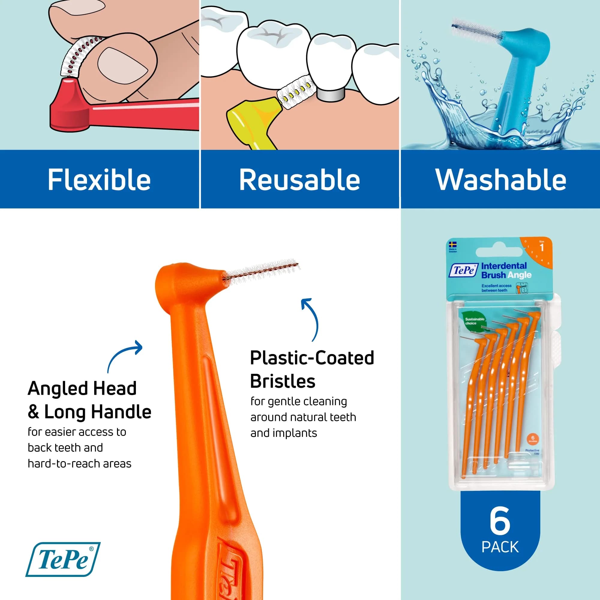TePe Interdental Brush Angle Orange Size 1 (0.45 mm) | Angled Head for Tight Gaps - view 5