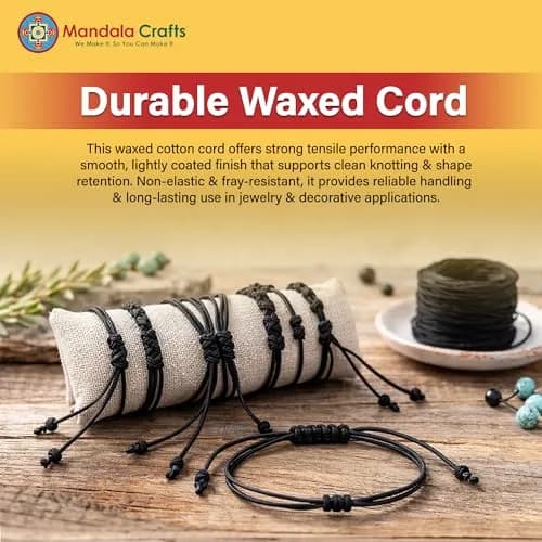 Mandala Crafts Black Waxed Cotton Cord 2mm Diameter 109 Yards | Durable Jewelry Making Thread for Bracelets & Necklaces thumbnail 3