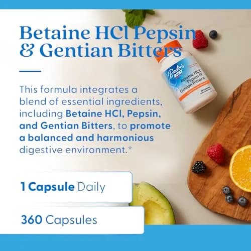 Doctor's Best Betaine HCl Pepsin & Gentian Bitters Supplement, 360 Capsules | Digestive Enzymes Support thumbnail 2