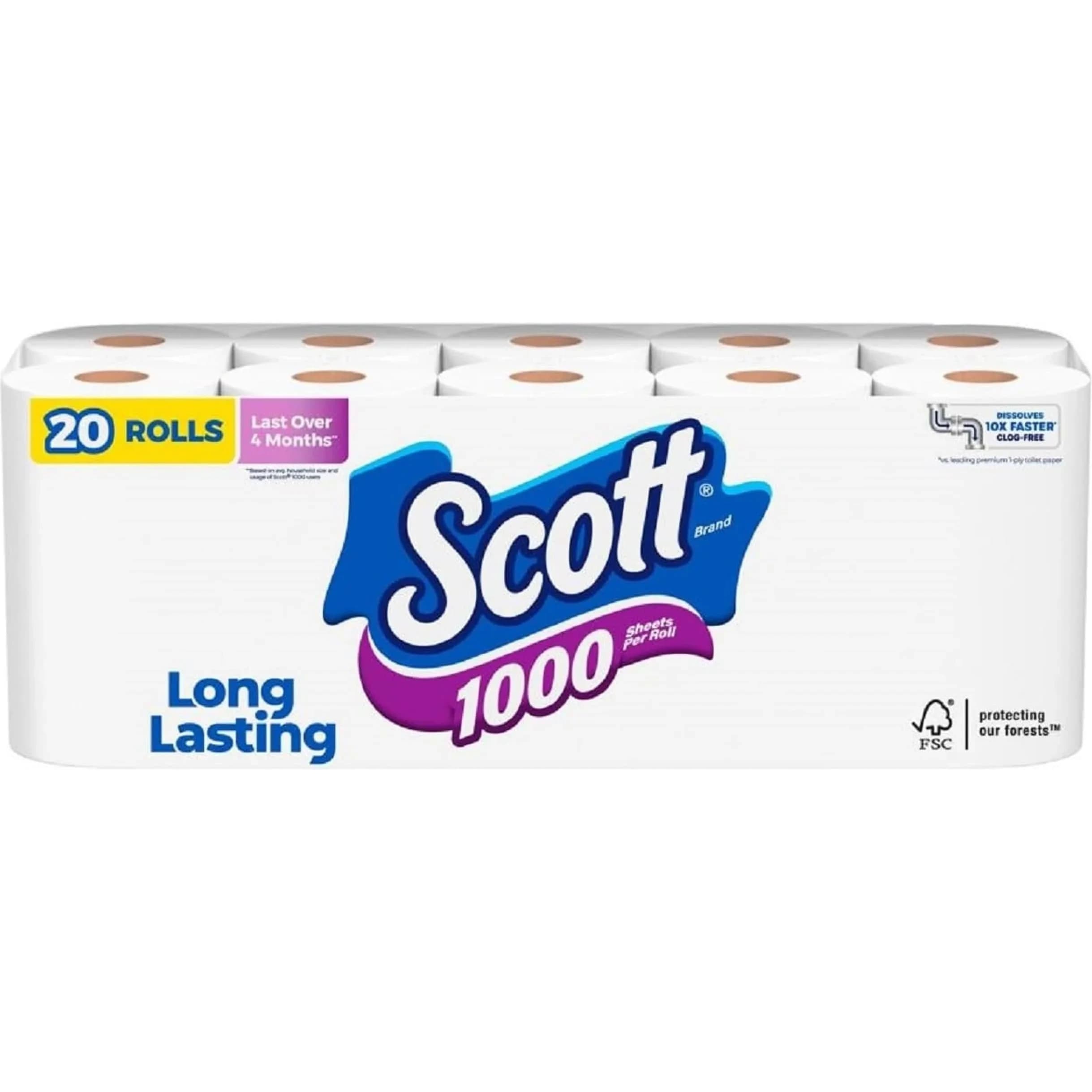 Scott 1000 Toilet Paper, 20 Regular Rolls, 1-Ply, 20,000 Sheets | Septic-Safe & Biodegradable - main product image