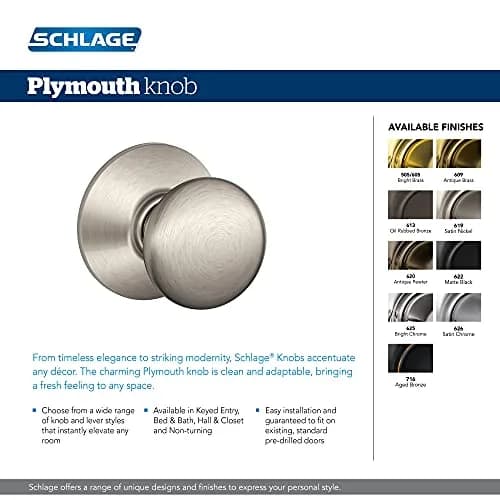Schlage Plymouth Keyed Entry Door Knob | Classic Satin Nickel, Interior/Exterior (70-120 chars) thumbnail 2