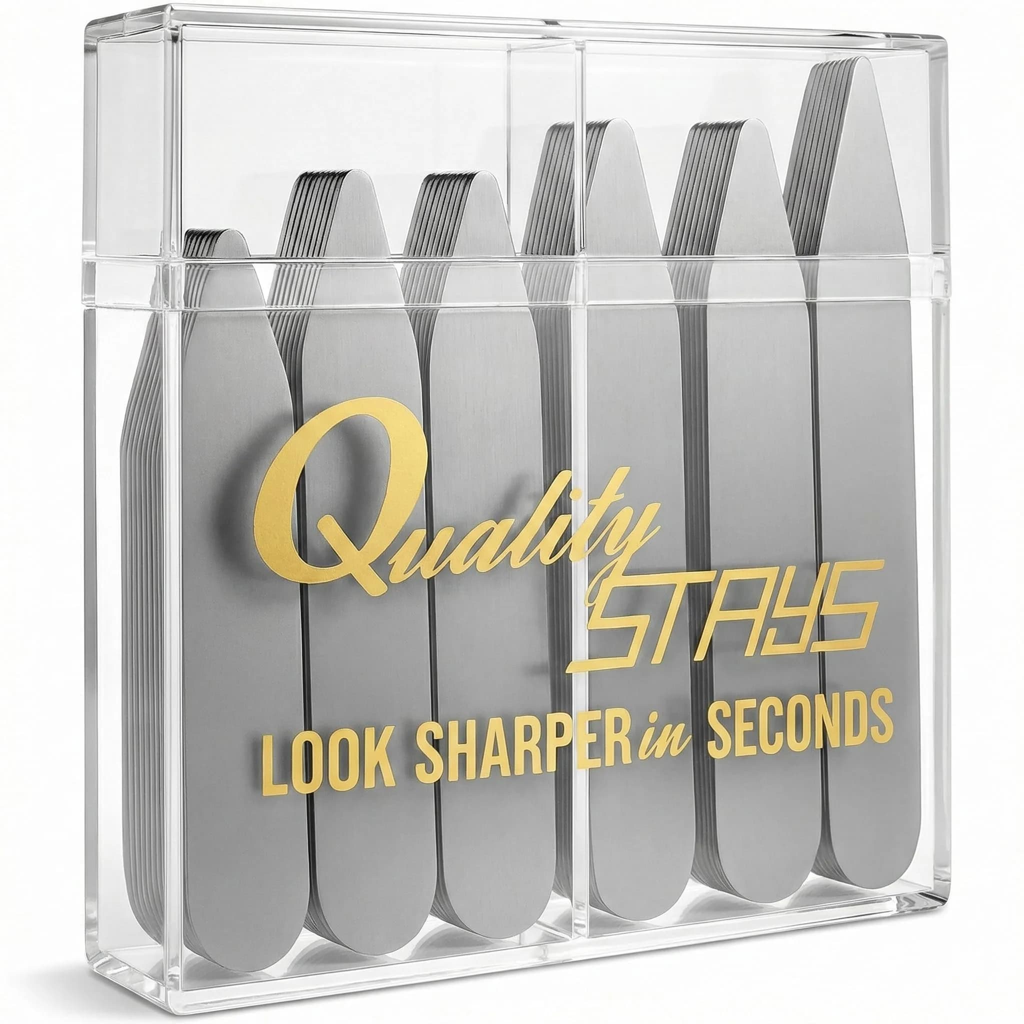 Quality Stays Metal Collar Stays 52-Piece Set with Storage Case | Stainless Steel Dress Shirt Collar Inserts
