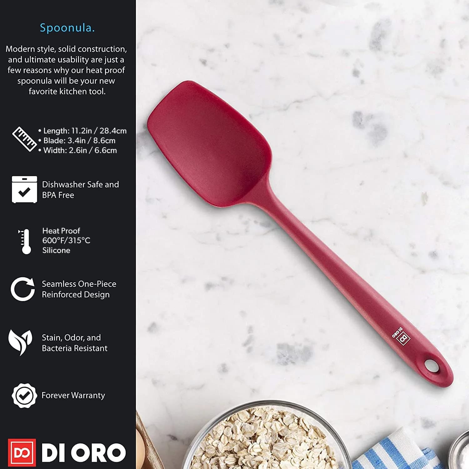 di Oro Silicone Spoonula - Spoon Spatula, 600°F Heat Resistant, Red | BPA Free Kitchen Utensil thumbnail 6