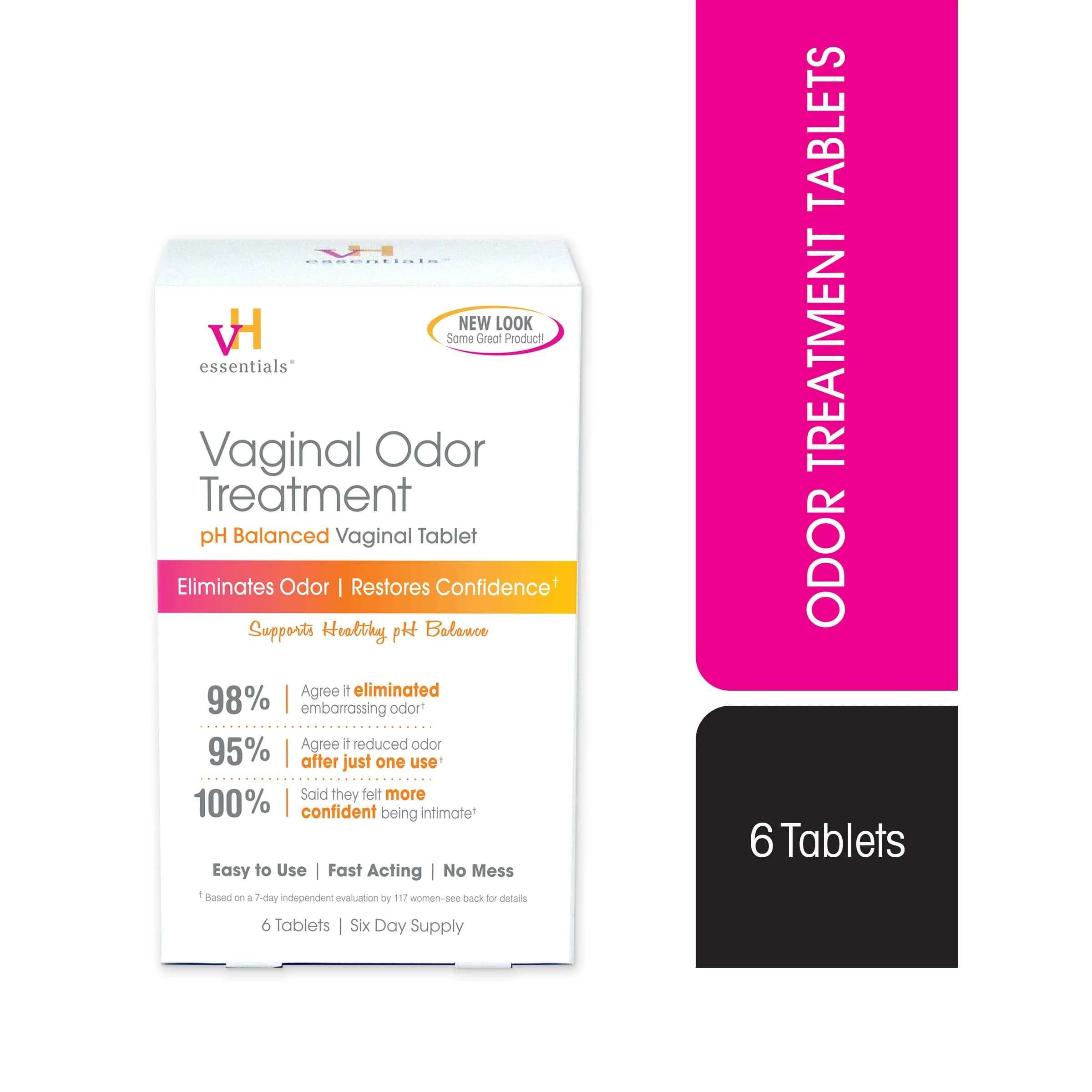 vH essentials Vaginal Odor Treatment, 6 Tablet Suppositories | pH Balanced, Fast-Acting, No-Mess — White