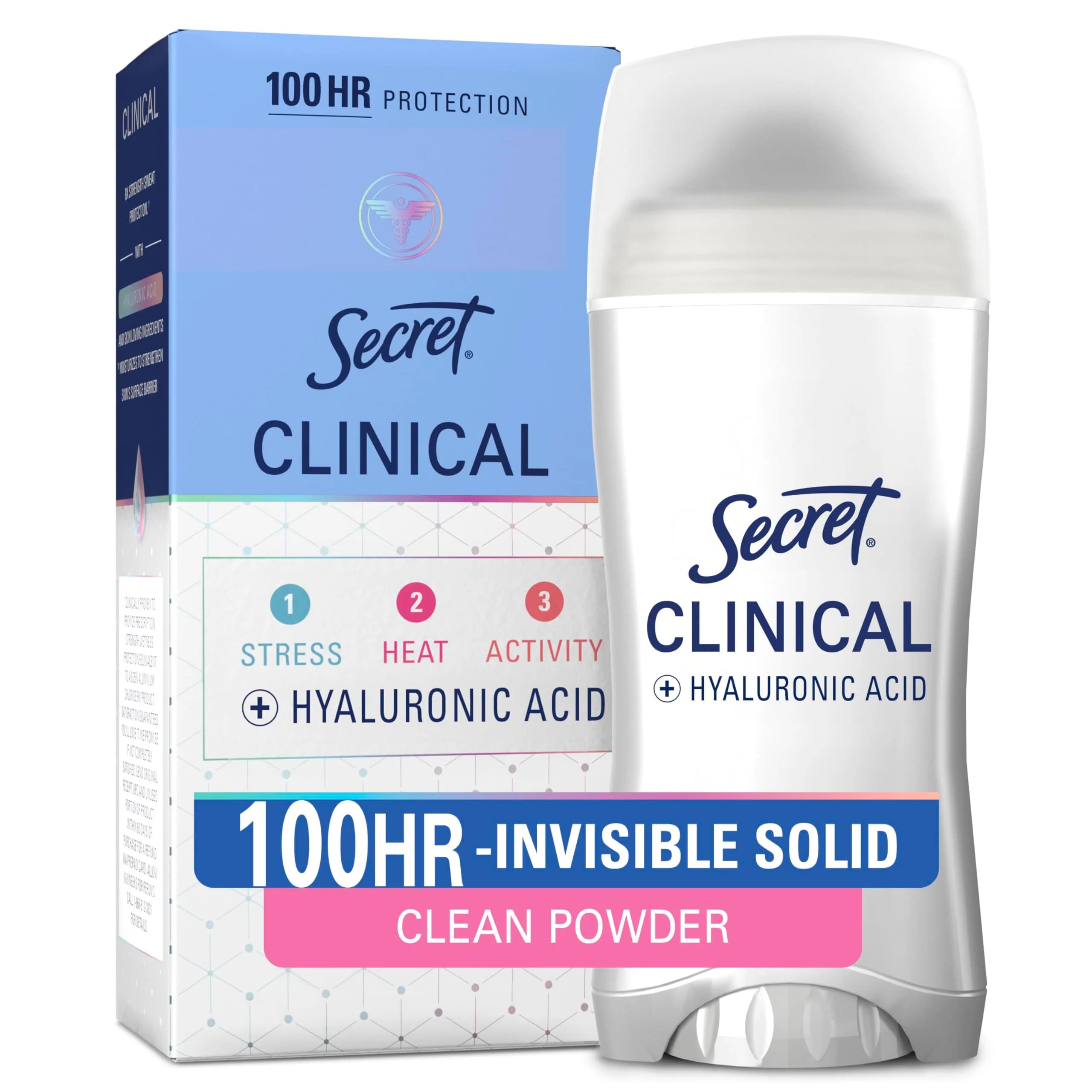 Secret Clinical Strength 100HR Sweat & Odor, Invisible Solid Antiperspirant for Women, 2.6 oz | 3X Stress Sweat Protection, Hyaluronic Acid