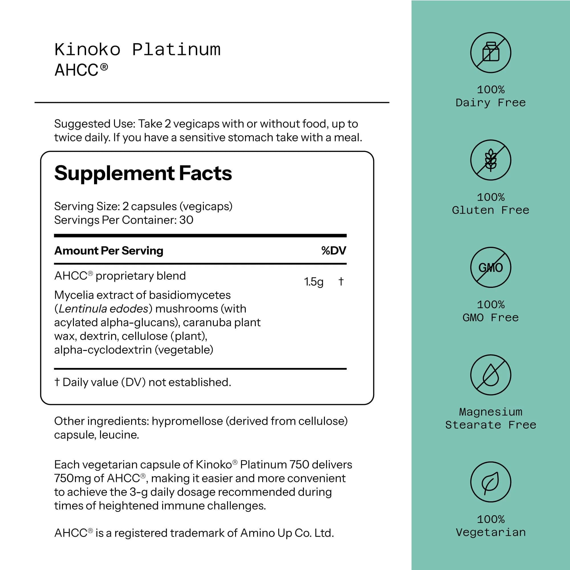 Quality of Life Premium Kinoko Platinum AHCC Herbal Supplement 60 Veggie Capsules | Immune Support with Alpha-Glucans - view 2