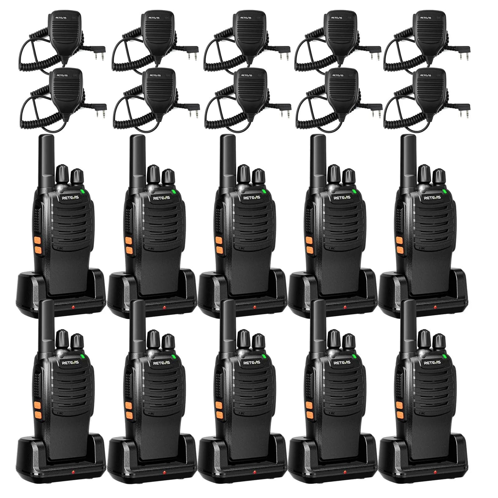 Retevis H-777 Walkie Talkies with Mic for Adults | Long Range 2 Way Radios, 16 Channels, Emergency Alarm, VOX Hands-Free, 10 Pack — With speaker mic